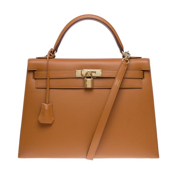 HERMES Kelly 32 sellier handbag strap [HSO] in Camel & Orange Epsom leather, GHW - Picture 3 of 12